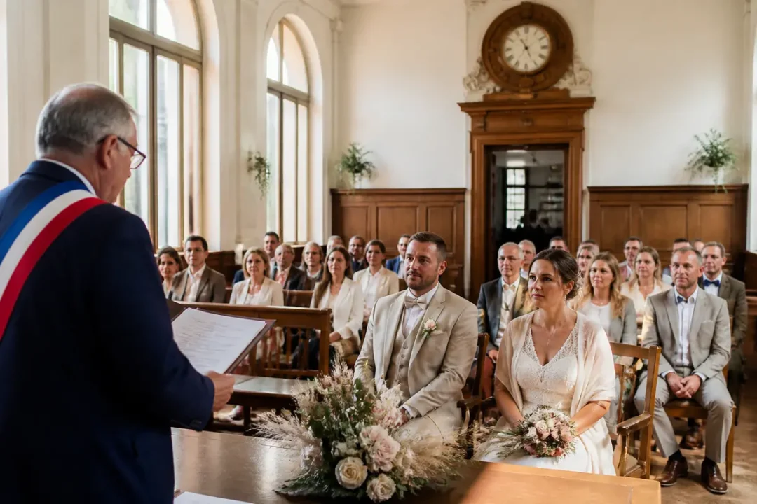 Cérémonie de mariage à la mairie devant l'officier d'état civil entouré d'invités souriants