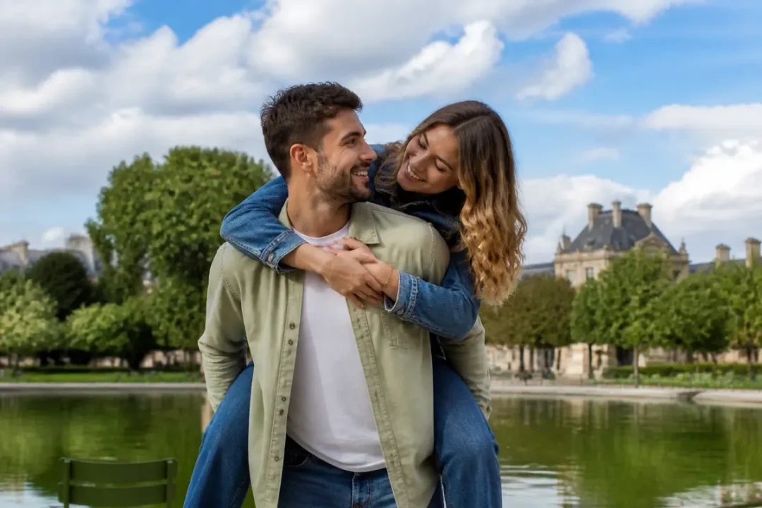 Couple souriant lors d'une séance photo romantique dans un parc verdoyant ensoleillé