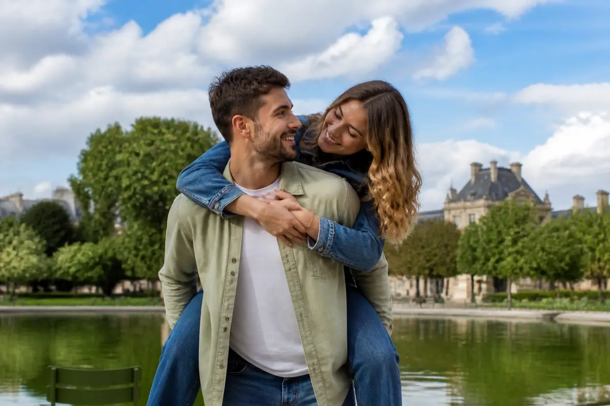 Couple souriant lors d'une séance photo romantique dans un parc verdoyant ensoleillé